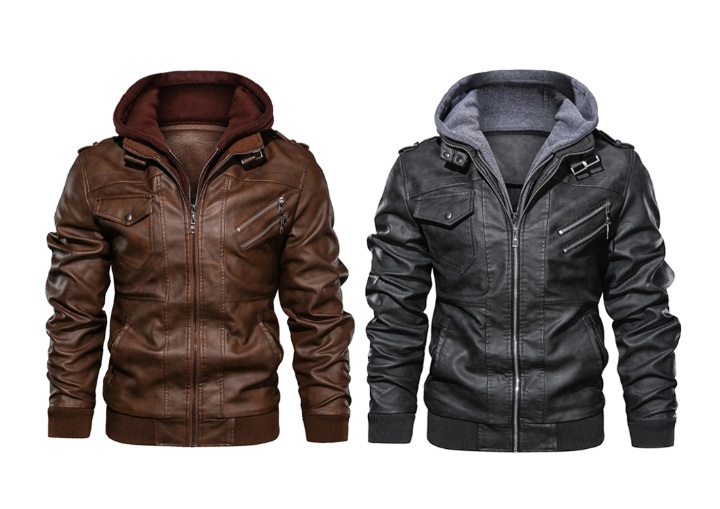 Men's Leather Jacket Motorcycle Jacket with Removable Hood