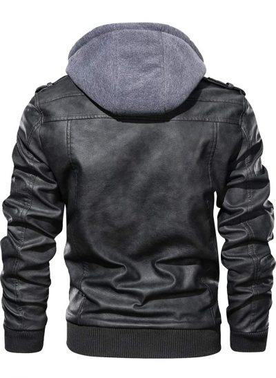 Men’s Leather Jacket Motorcycle Jacket with Removable Hood