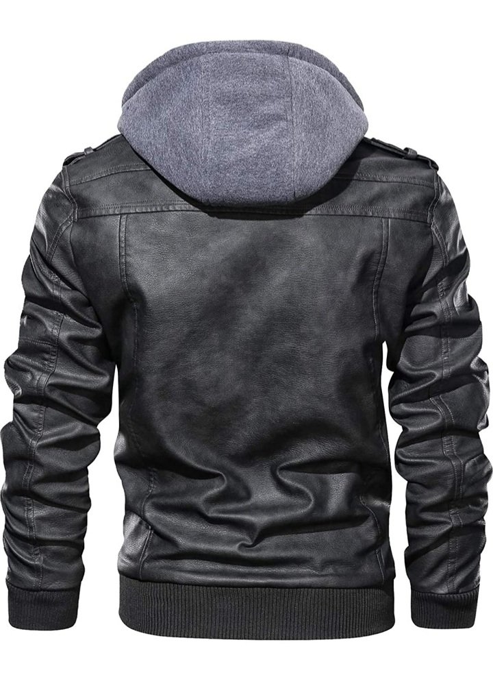 Men's Leather Jacket Motorcycle Jacket with Removable Hood
