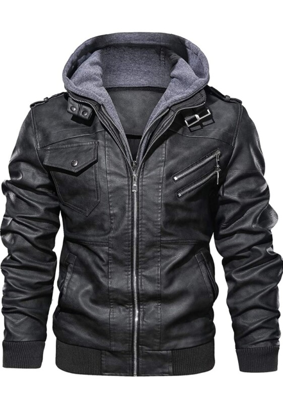 Men’s Leather Jacket Motorcycle Jacket with Removable Hood