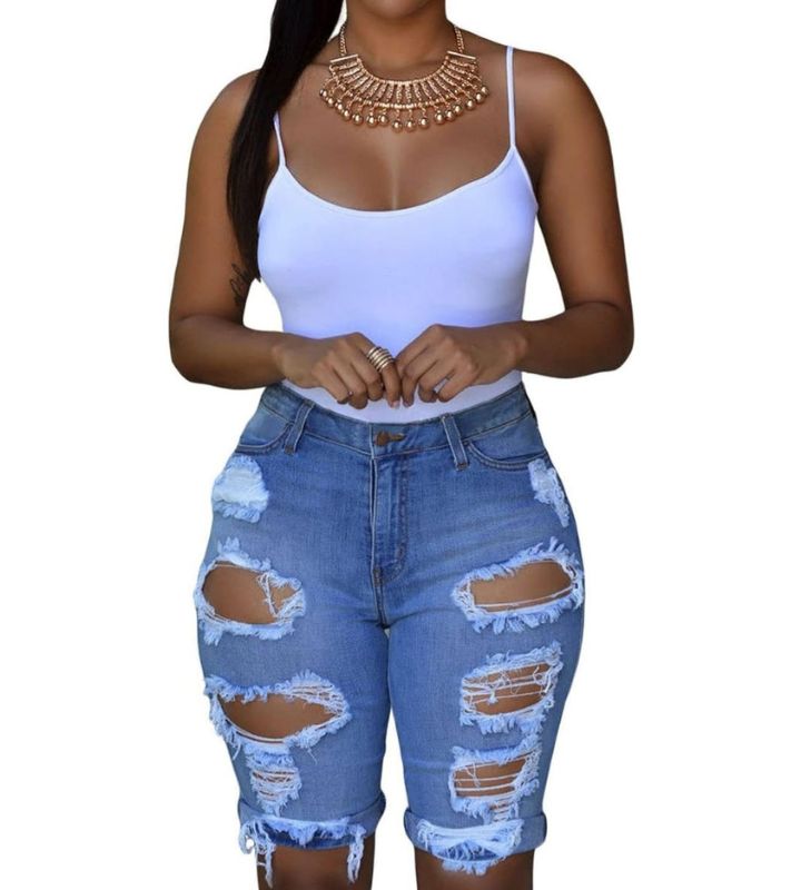 Ripped Jeans Denim Mid Stretchy Shorts